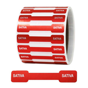 Metallic Red Sativa Cannabis Tamper Labels 0.5 x 2.75″
